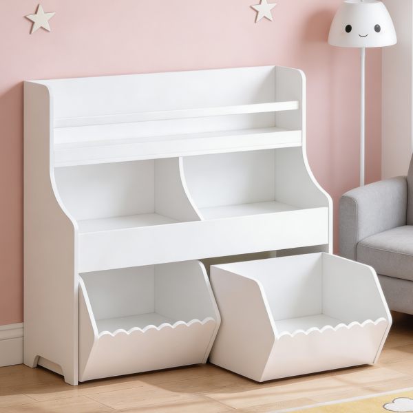 White 3 Tier Kids Toy Storage with 2 Bins and Bookshelf