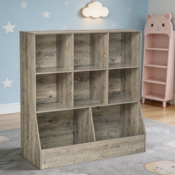 3 Tier 8 Cubby Wooden Kids Bookshelf Gray Wash