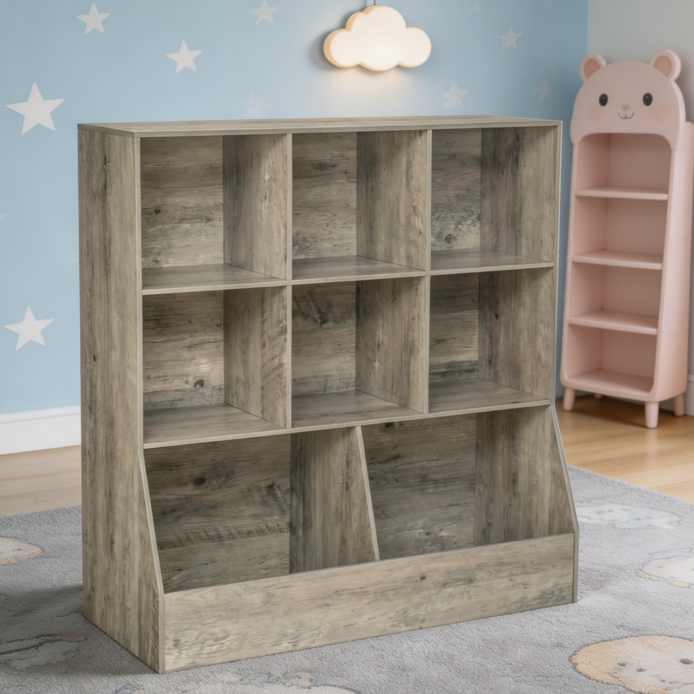 3 Tier 8 Cubby Wooden Kids Bookshelf Gray Wash